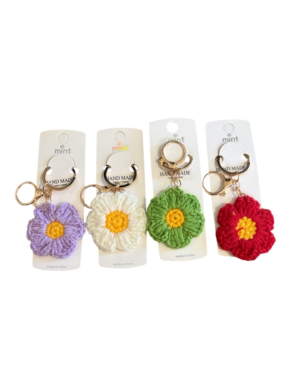 Mint Crochet Flower Keychains – Purple, White, Green, Red with Gold Hardware